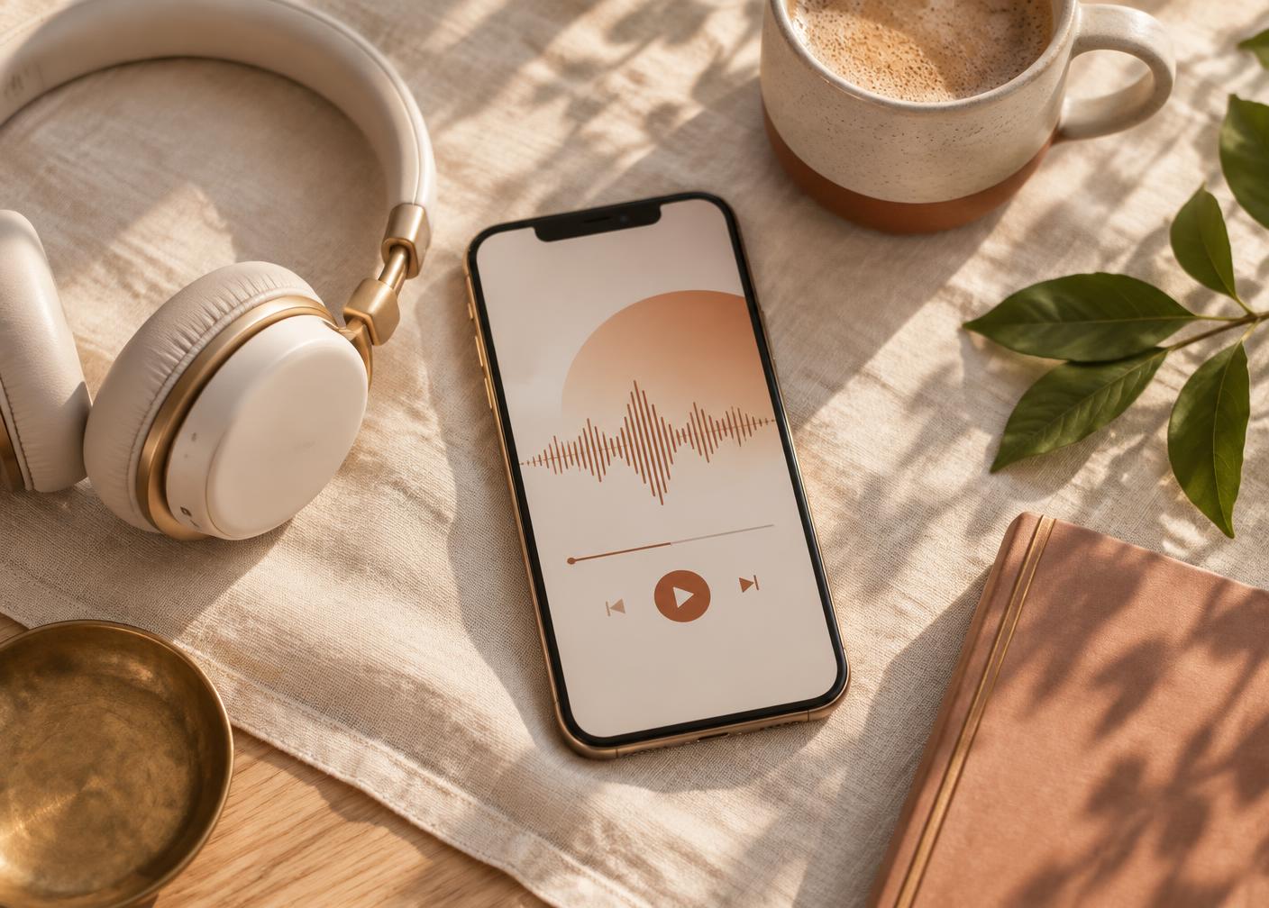Celular com uma prática guiada de áudio